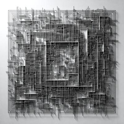 The primary subject of the image is a black and white artwork featuring a complex pattern of interconnected lines. The setting is a white wall, which serves as the background for the artwork. The visual style of the image is a combination of digital art and illustration, creating a striking and intricate design. The dominant colors in the artwork are black and white, giving it a bold and striking appearance.